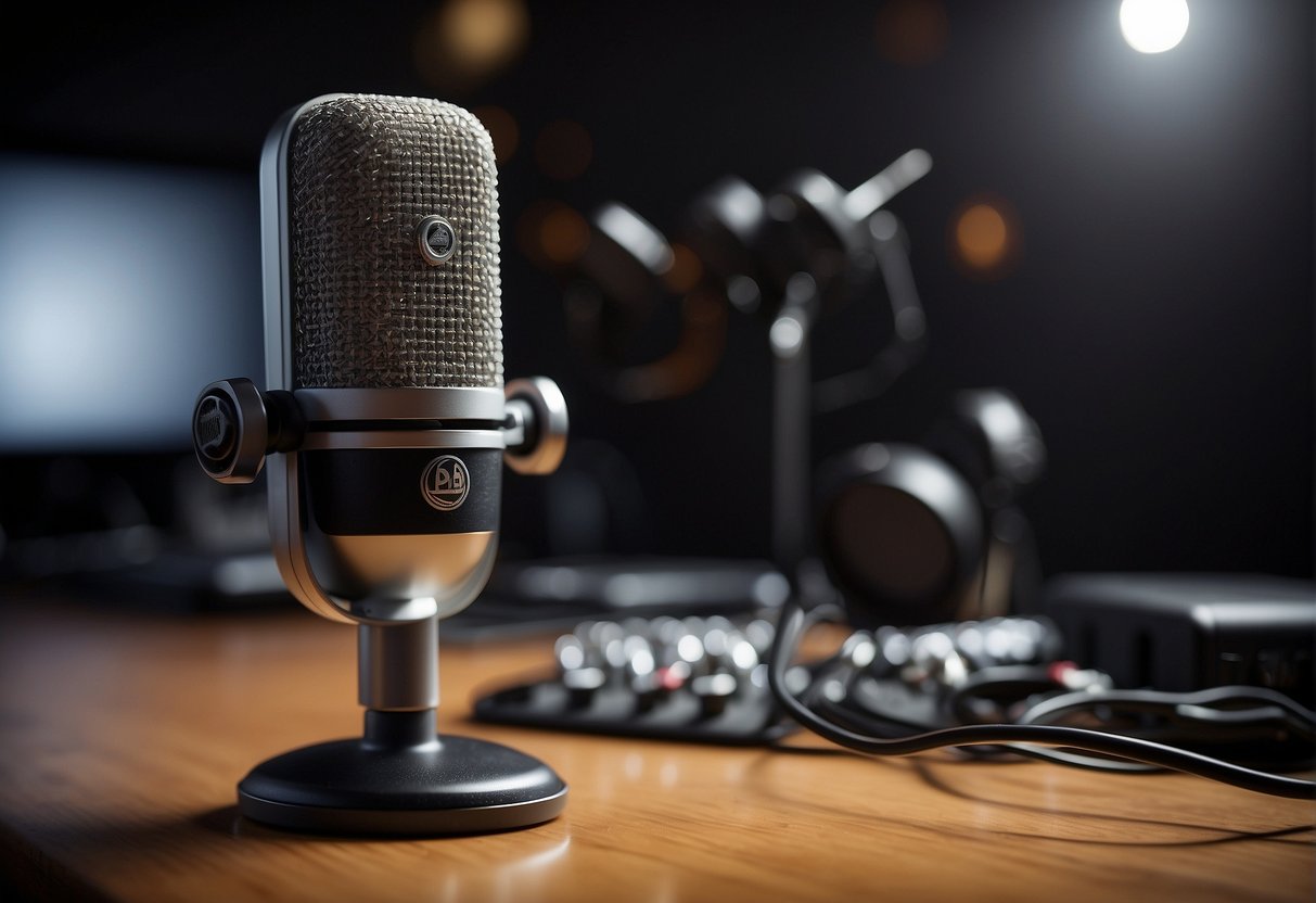 A microphone surrounded by various accessories like pop filters, shock mounts, and windshields, all designed to enhance audio quality
