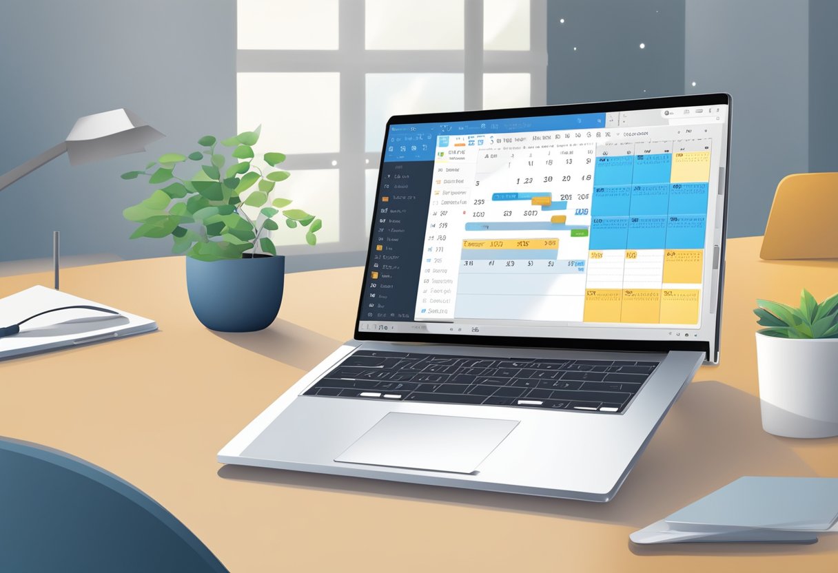An open laptop displaying the Outlook Calendar with a highlighted event. A cursor hovers over the event, ready to copy and paste