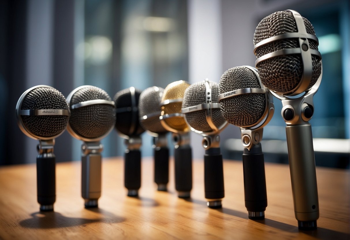 A variety of microphones are displayed on a table, each with different specifications and types. A beginner's guide book is open nearby