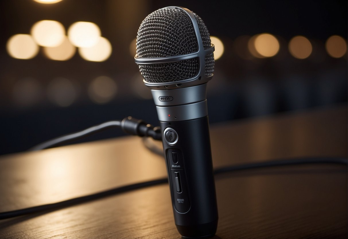 A wired microphone transforms into a wireless microphone, symbolizing the evolution of microphone technology for performers. The wires detach and the microphone becomes sleek and portable