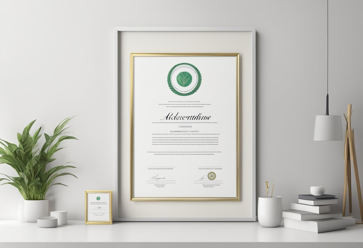 A framed accredited certificate hangs on a clean, white wall, surrounded by a simple, elegant border