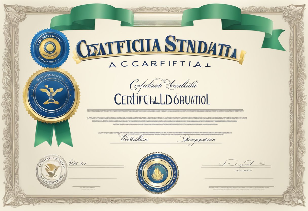 A certificate with an official accreditation seal and certification logo displayed prominently