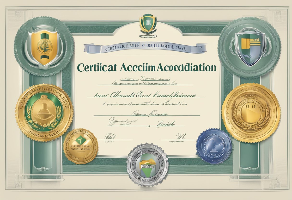 A certificate with official accreditation stamps and compliance symbols displayed prominently