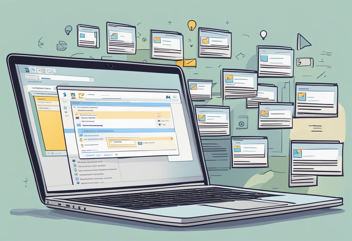 An open laptop displaying the Outlook email interface, with a search bar at the top and a list of old emails below