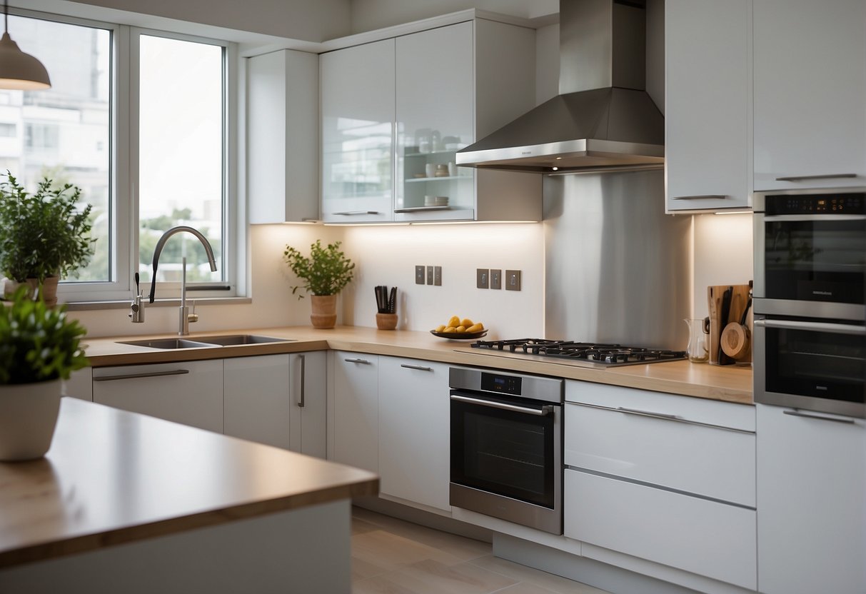 A modern kitchen with sleek white cabinets and stainless steel appliances. The cabinets have minimalistic hardware and are illuminated with under-cabinet lighting