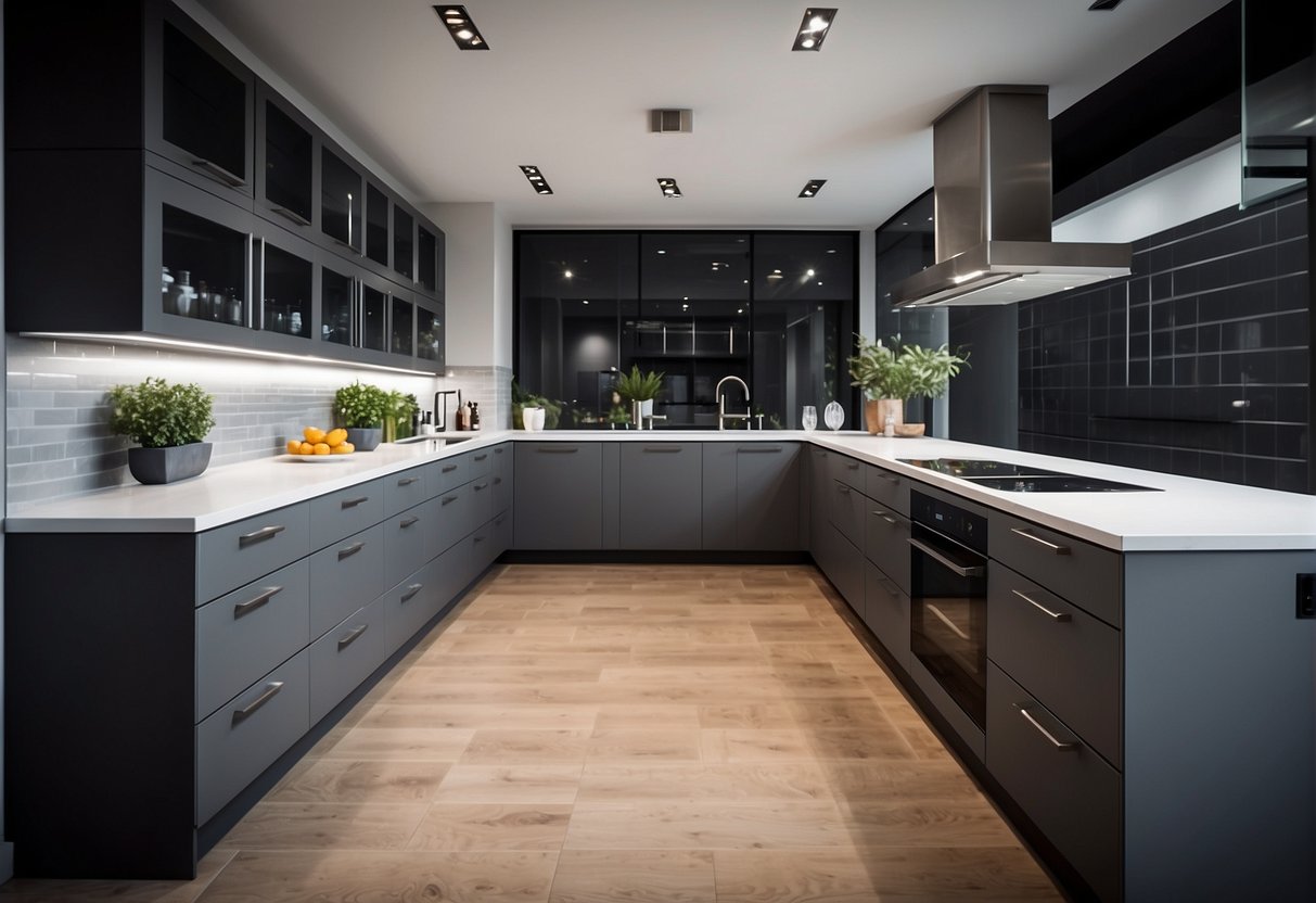 A modern kitchen with 45 different cabinet designs, showcasing various functional features and styles