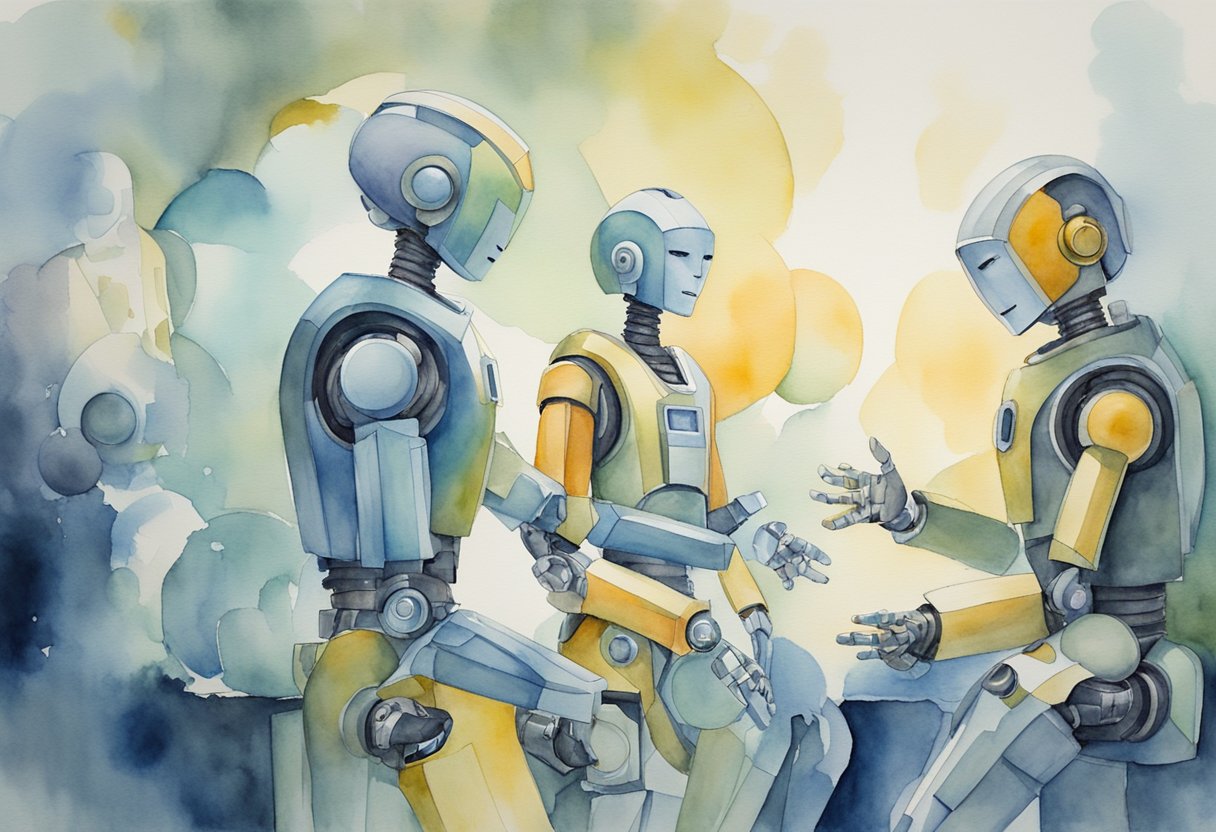 Robotic figures engage in lively conversation, displaying empathy and understanding, revolutionizing companionship in a futuristic setting