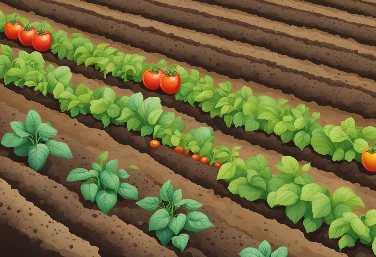 Freshly tilled soil with potato plants in the background, and various seeds such as tomatoes, peppers, and beans being planted in neat rows