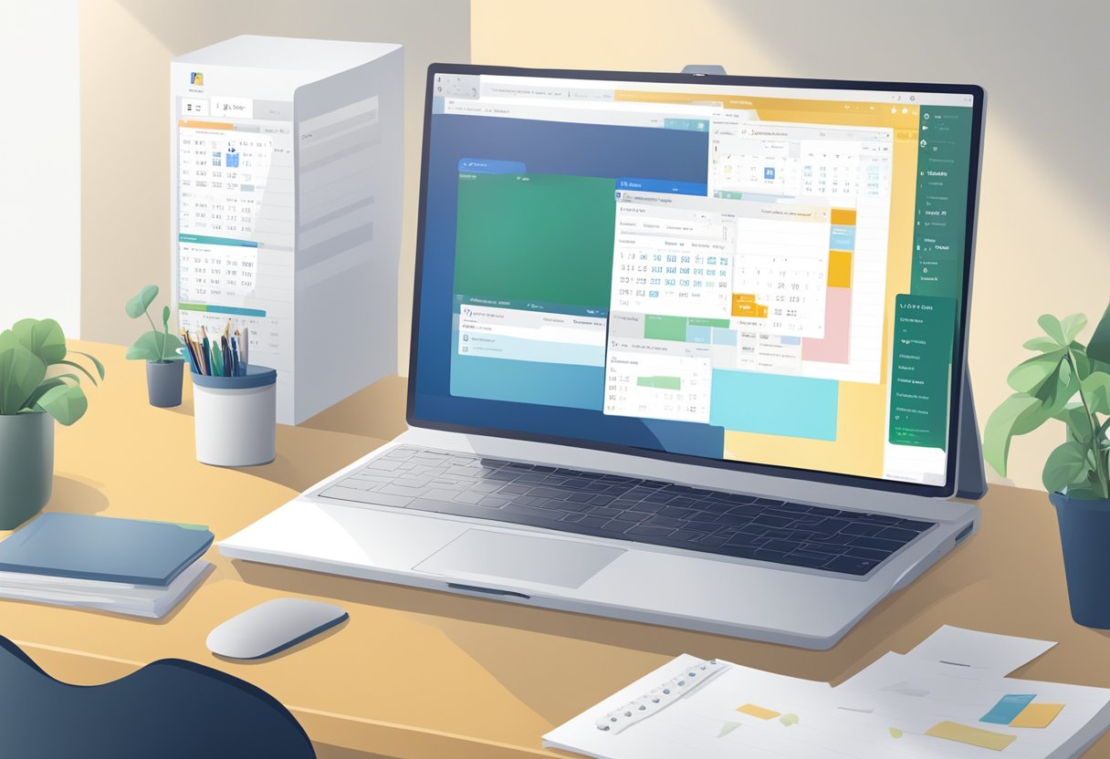 A computer screen displays an open Outlook calendar. A meeting request is being forwarded, with a list of recipients visible on the screen