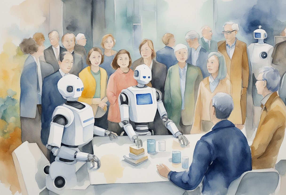 A robot interacts with a diverse group of individuals, respecting privacy and ethical boundaries. The robot provides companionship and support, revolutionizing social robotics