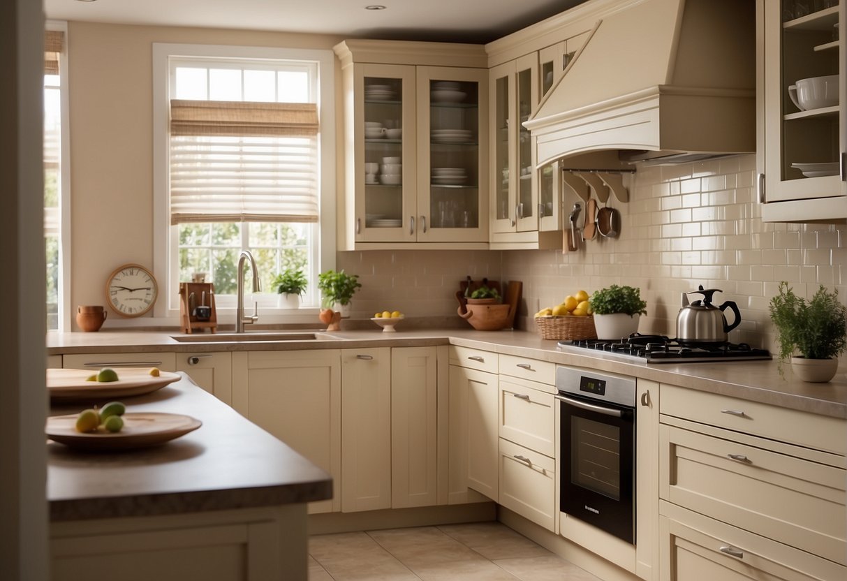 Cream cabinets with matching countertops and backsplashes. Clean, modern kitchen with warm, inviting tones