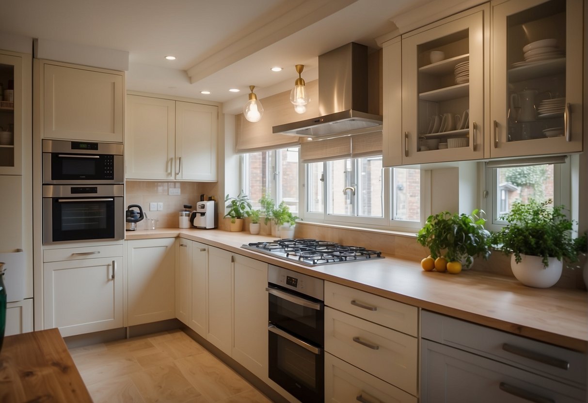 A kitchen with cream cabinets, clean and well-maintained. Light streams in through the windows, highlighting the smooth surfaces and elegant design