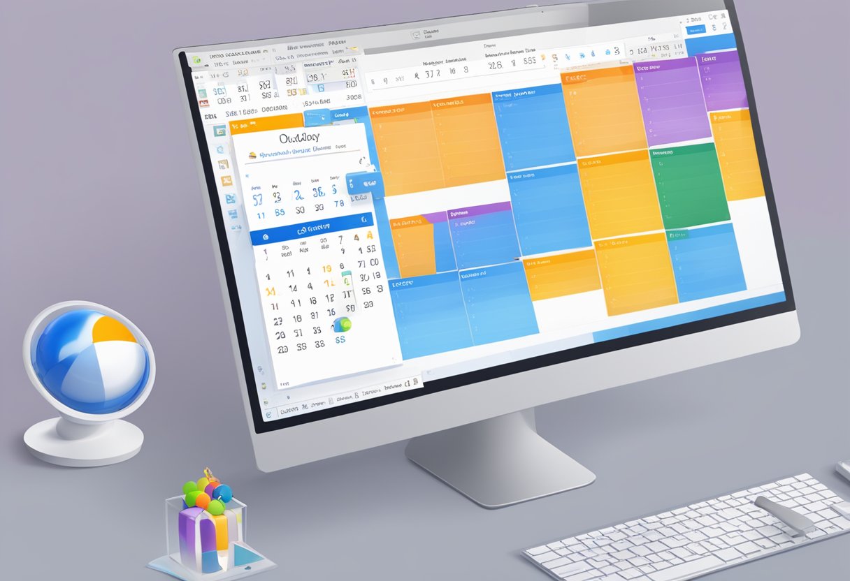 A computer screen displaying Outlook Calendar with a pop-up window for adding a birthday event, a cursor clicking on the date, and a birthday icon