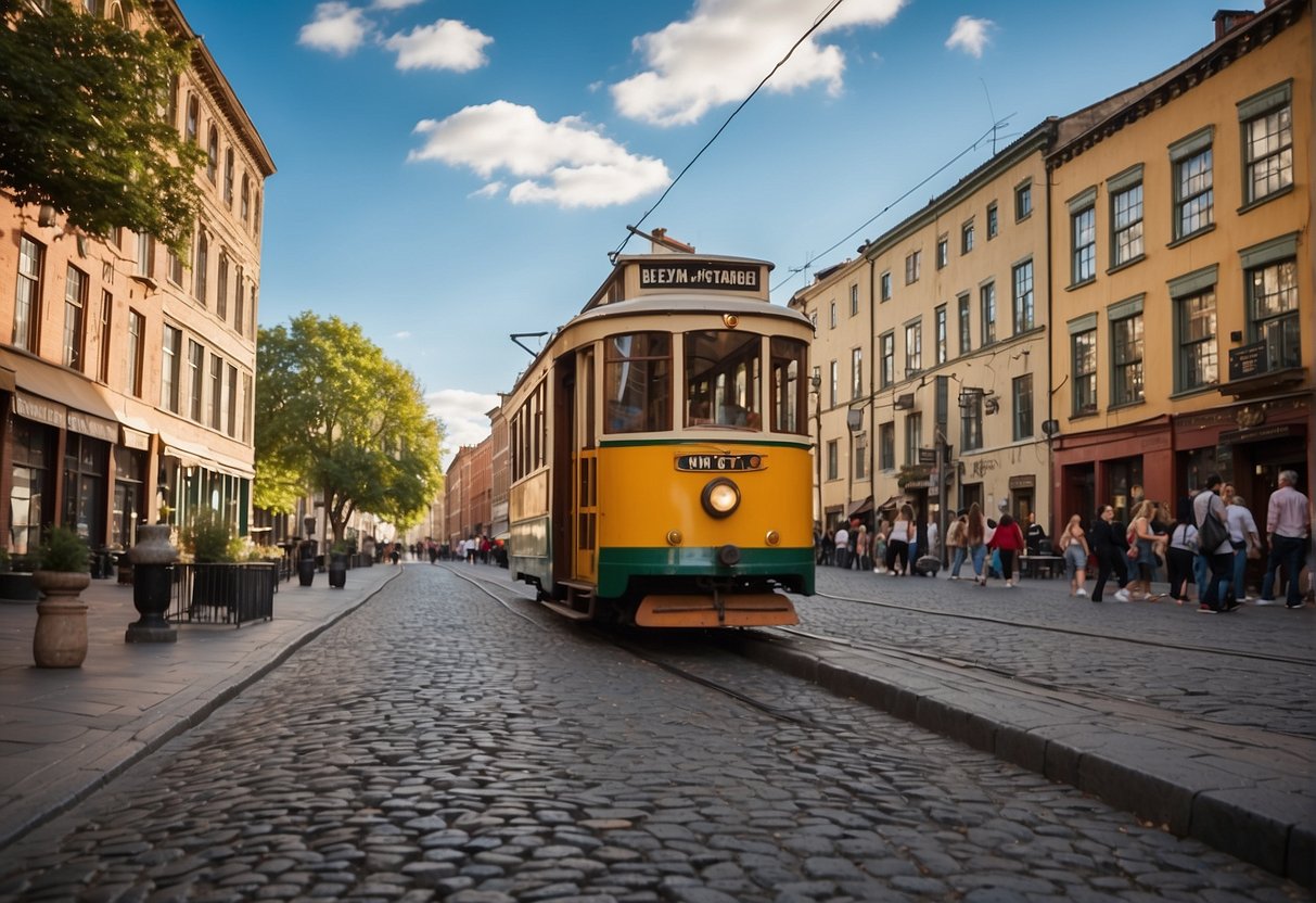 A cobblestone street winds past historic buildings, with colorful murals and graffiti adorning the walls. A vintage tram glides by, while tourists and locals mingle at outdoor cafes