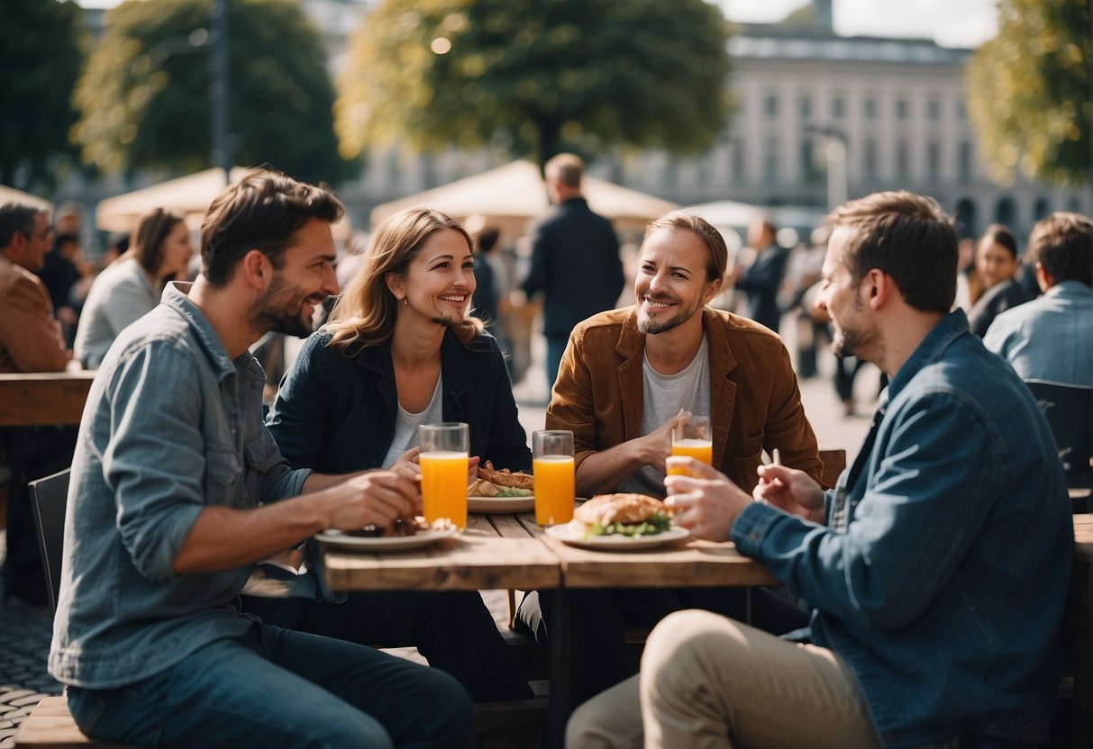 Locals and community members gather in a Berlin square, chatting and sharing food. A sense of connection and community is palpable in the air