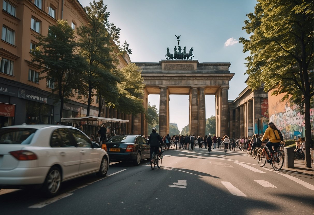 Busy city street with colorful graffiti murals, bustling cafes, and people cycling and walking. Iconic landmarks like the Brandenburg Gate and Berlin Wall visible in the background