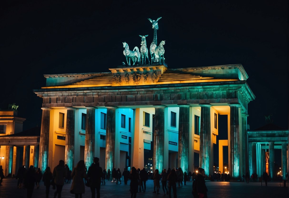 Vibrant nightlife scene in Berlin: neon lights, bustling clubs, live music venues, and street performers. Iconic landmarks like the Brandenburg Gate and TV Tower provide a stunning backdrop