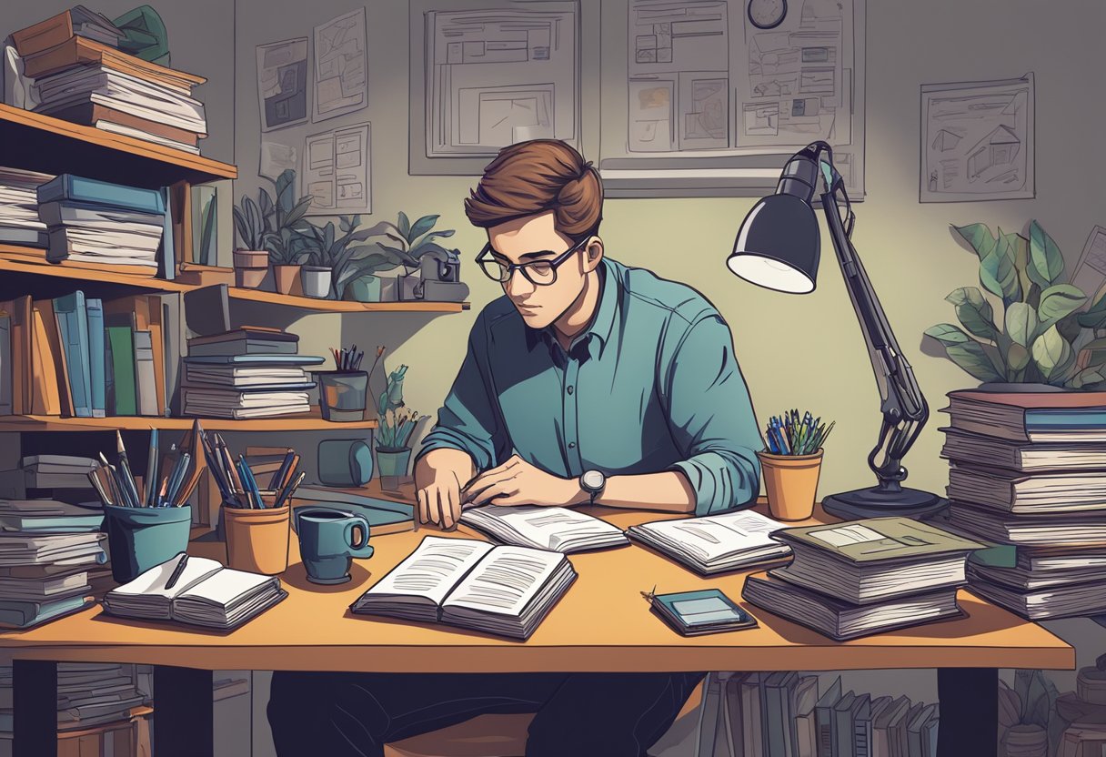 Creative Visualisation: Enhancing Problem-Solving with Powerful Mental Imagery visualisation LearningMole A person sitting at a desk, surrounded by various objects like books, pens, and a computer. They are deep in thought, with a focused expression on their face as they visualize and solve problems in their mind