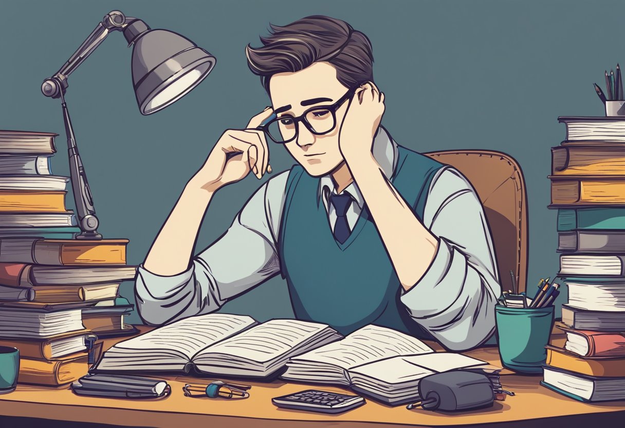 Creative Visualisation: Enhancing Problem-Solving with Powerful Mental Imagery visualisation LearningMole A person sitting at a desk, surrounded by various objects such as books, pens, and a computer. They are deep in thought, with a focused expression on their face as they visualize solving a problem