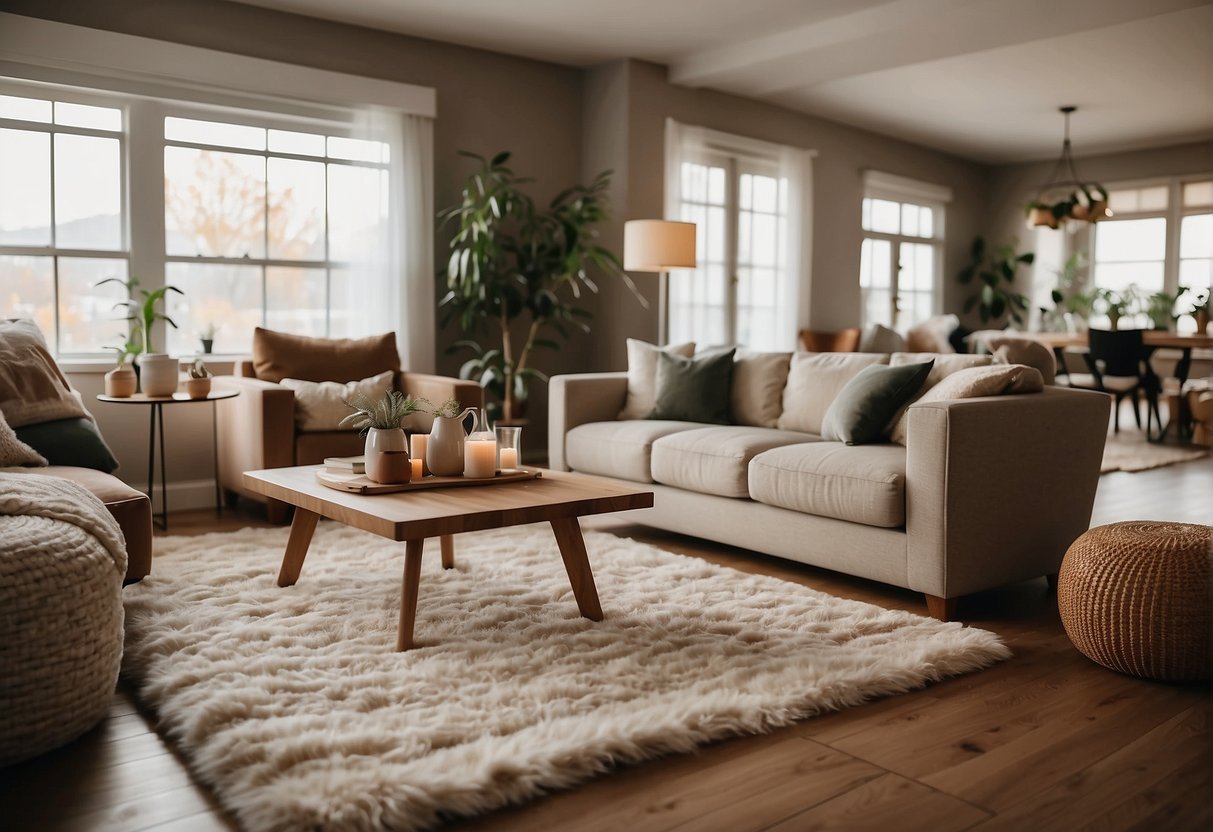 A cozy living room with a large, plush rug in earthy tones. Various fabric swatches and texture samples scattered on a table