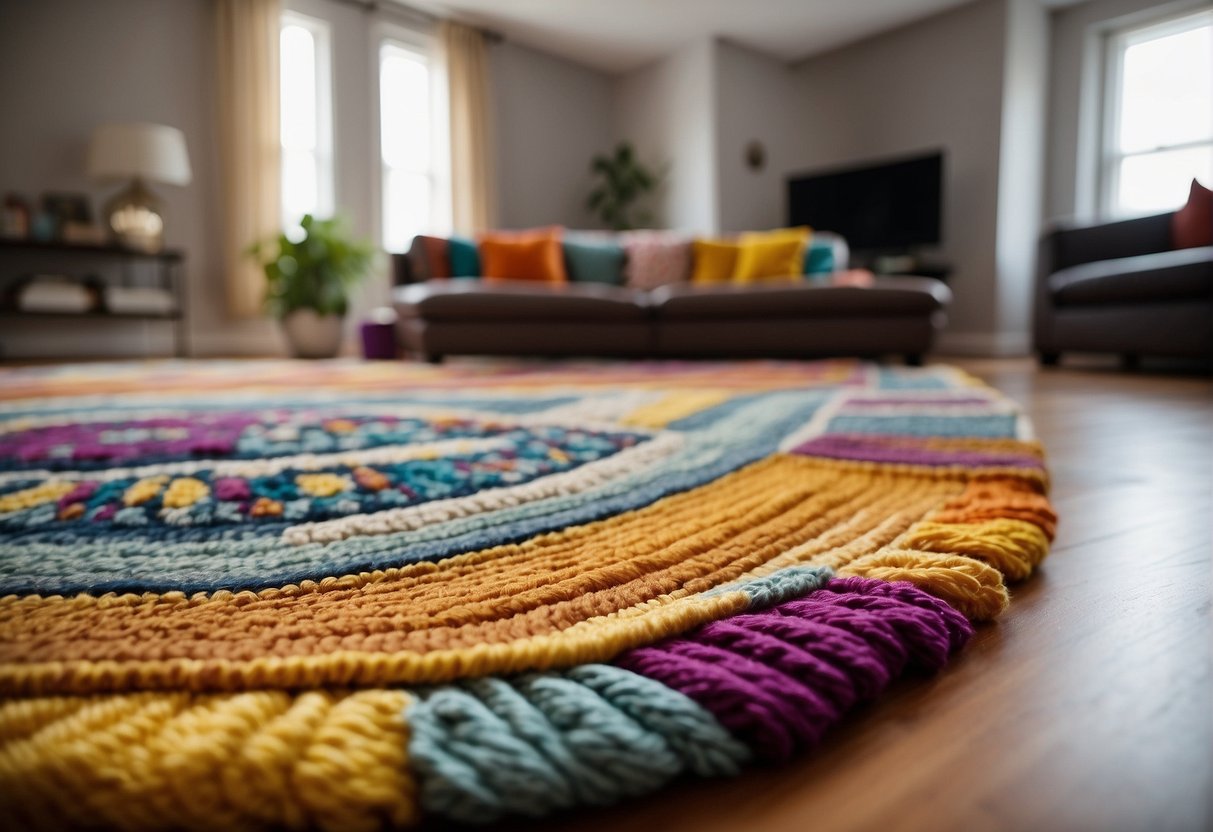 A living room with a variety of colorful rugs and patterns, each suited to different styles. A tape measure is shown determining the ideal size for the room