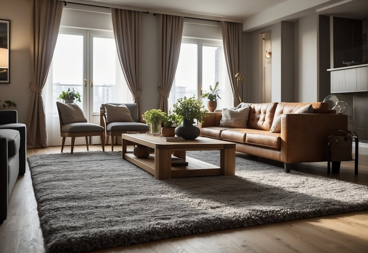 A spacious living room with a well-proportioned rug, complementing the decor and leaving enough space for furniture and traffic flow