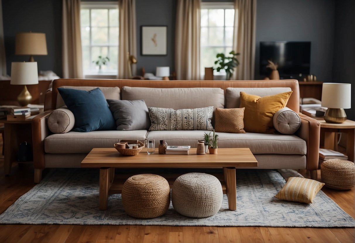 A cozy living room with a variety of fabric swatches, leather samples, and cushion options laid out on a table. A large, comfortable sofa sits in the center, surrounded by different material options for customization