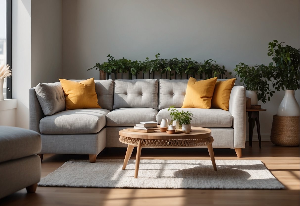 A clean, well-maintained sofa sits in a bright, airy room with minimal clutter. A vacuum and fabric freshener are nearby, and the sunlight highlights the pristine condition of the upholstery