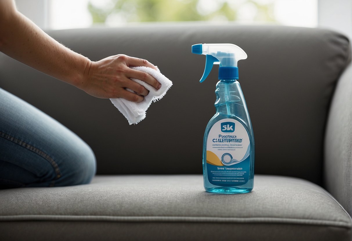 A person hand cleaning a sofa with a cloth and spray bottle