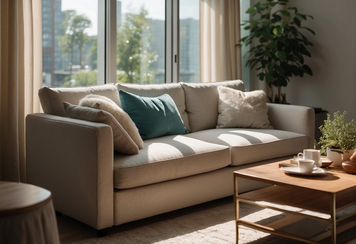 A well-maintained sofa in a bright, spacious living room with clean lines and minimalistic decor. Sunlight streams in through large windows, highlighting the pristine fabric and plush cushions
