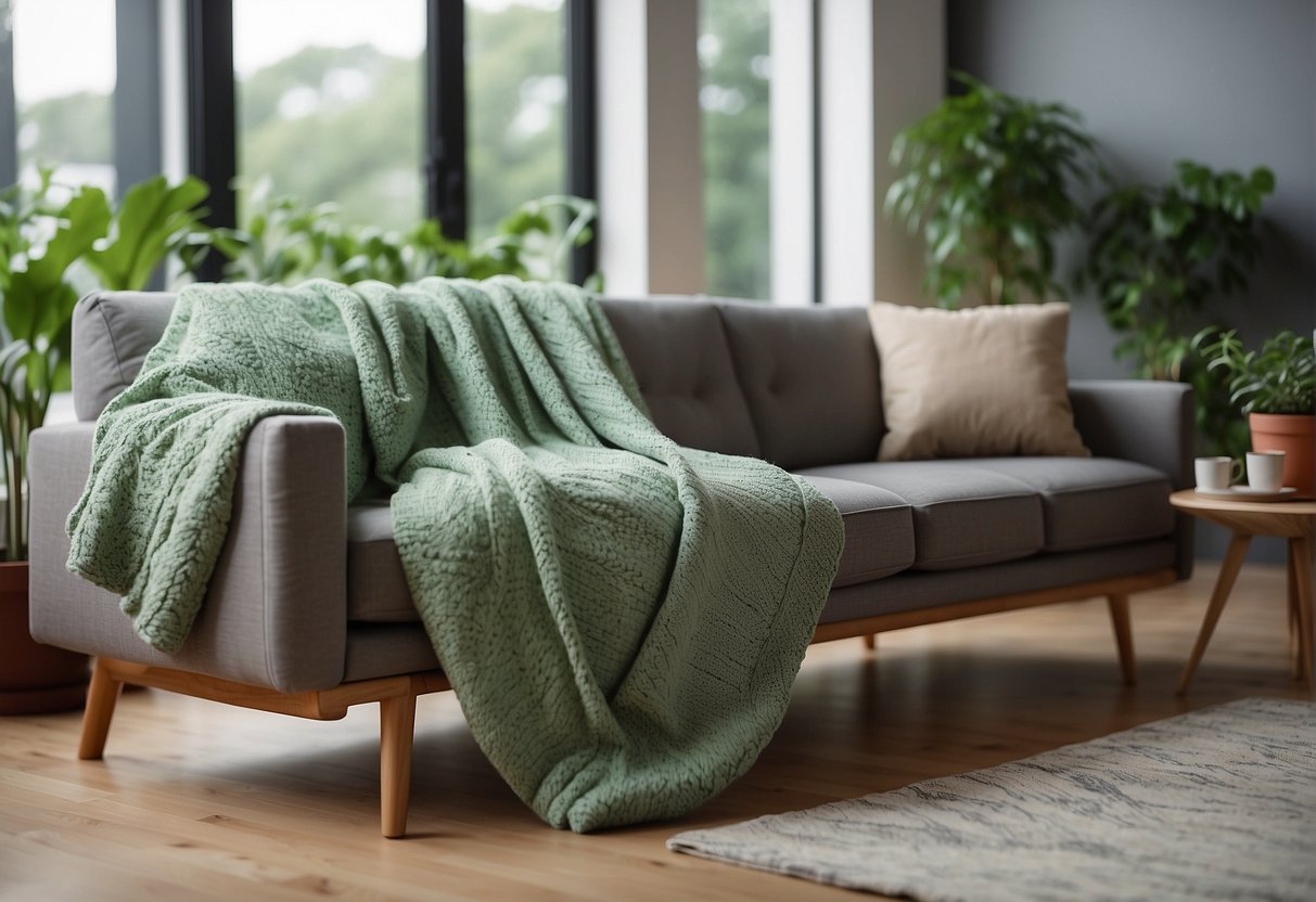 A clean, well-maintained sofa in a bright, modern living room, surrounded by plants and with a cozy throw blanket draped over the armrest