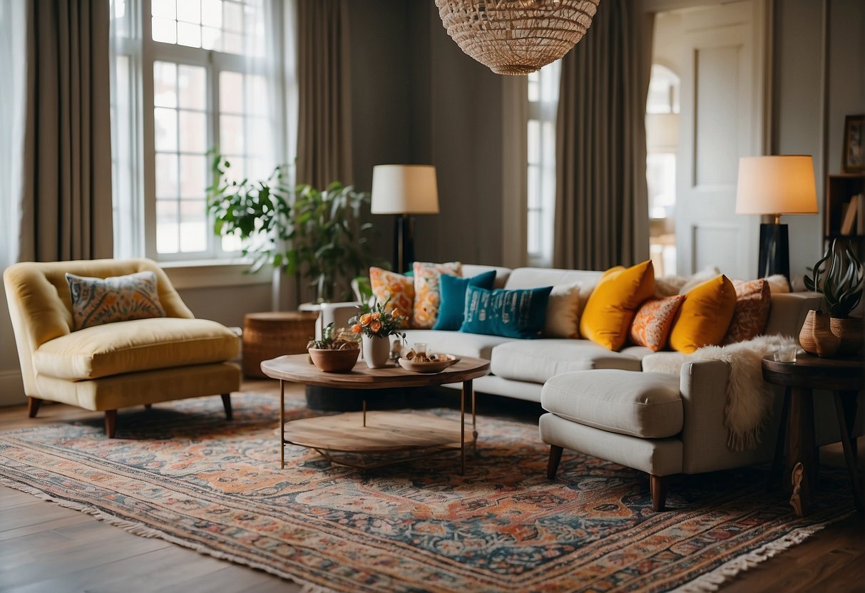 A cozy living room with colorful cushions on elegant armchairs and patterned rugs