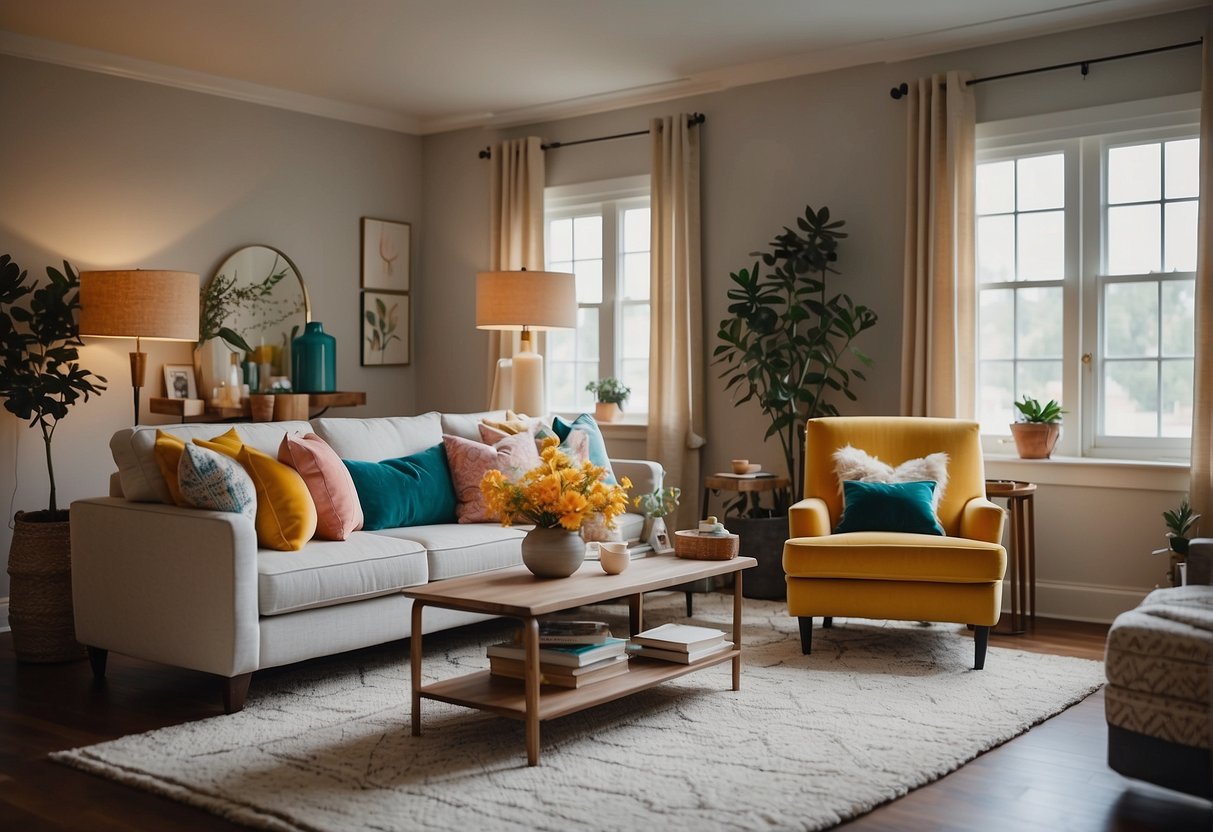 A cozy living room with colorful throw pillows scattered on a comfortable sofa and armchairs, adding a pop of color and texture to the space