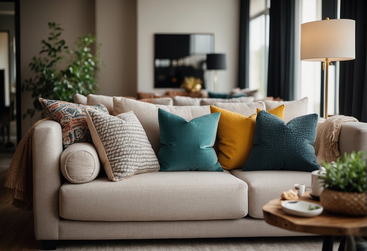 A cozy living room with colorful throw pillows on a neutral sofa, complementing the decor with various patterns and textures