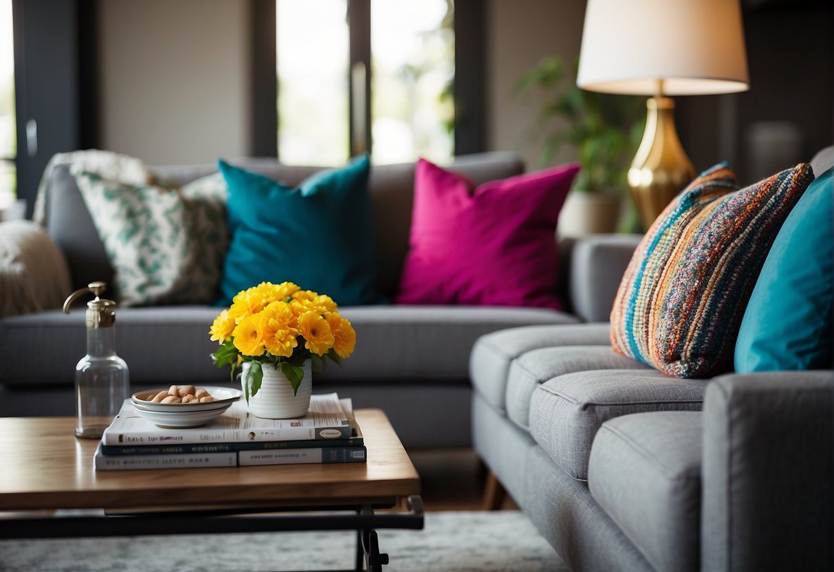 A cozy living room with colorful throw pillows arranged on a stylish sofa and accent chairs. The pillows add a pop of color and texture to the room, creating a welcoming and inviting atmosphere