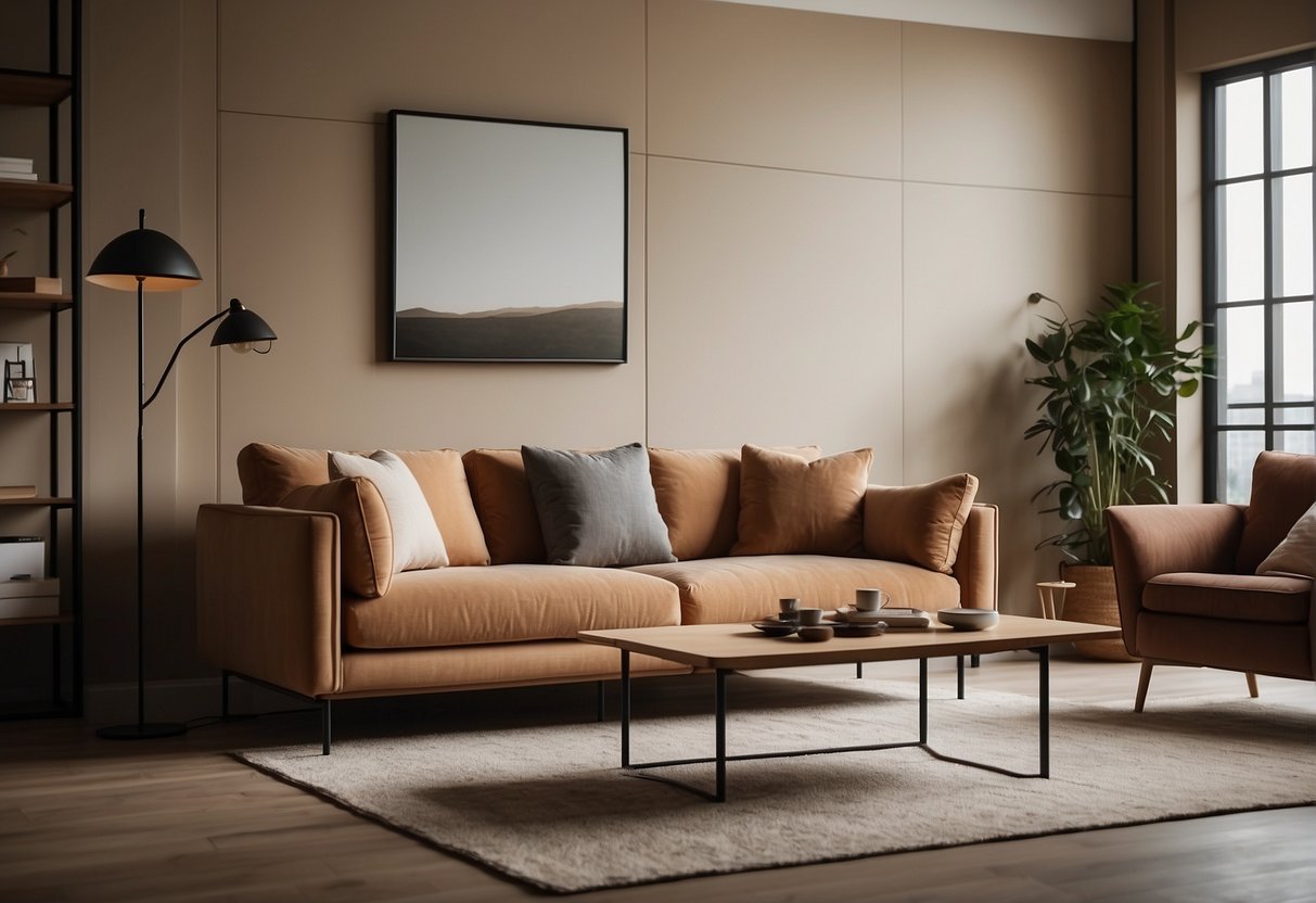 A living room with a modern, minimalist sofa in a warm, earthy tone surrounded by muted, natural colors
