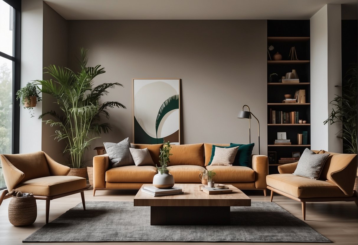A living room with a modern, minimalist sofa in a vibrant, earthy tone surrounded by natural light and contemporary decor