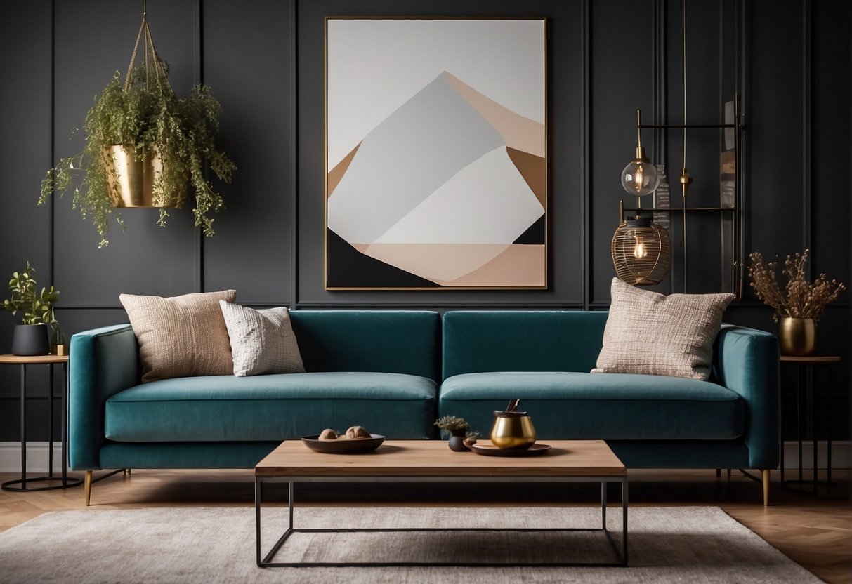 A modern living room with a sleek, minimalist sofa in a trendy color palette for 2024. Clean lines and functional design are emphasized