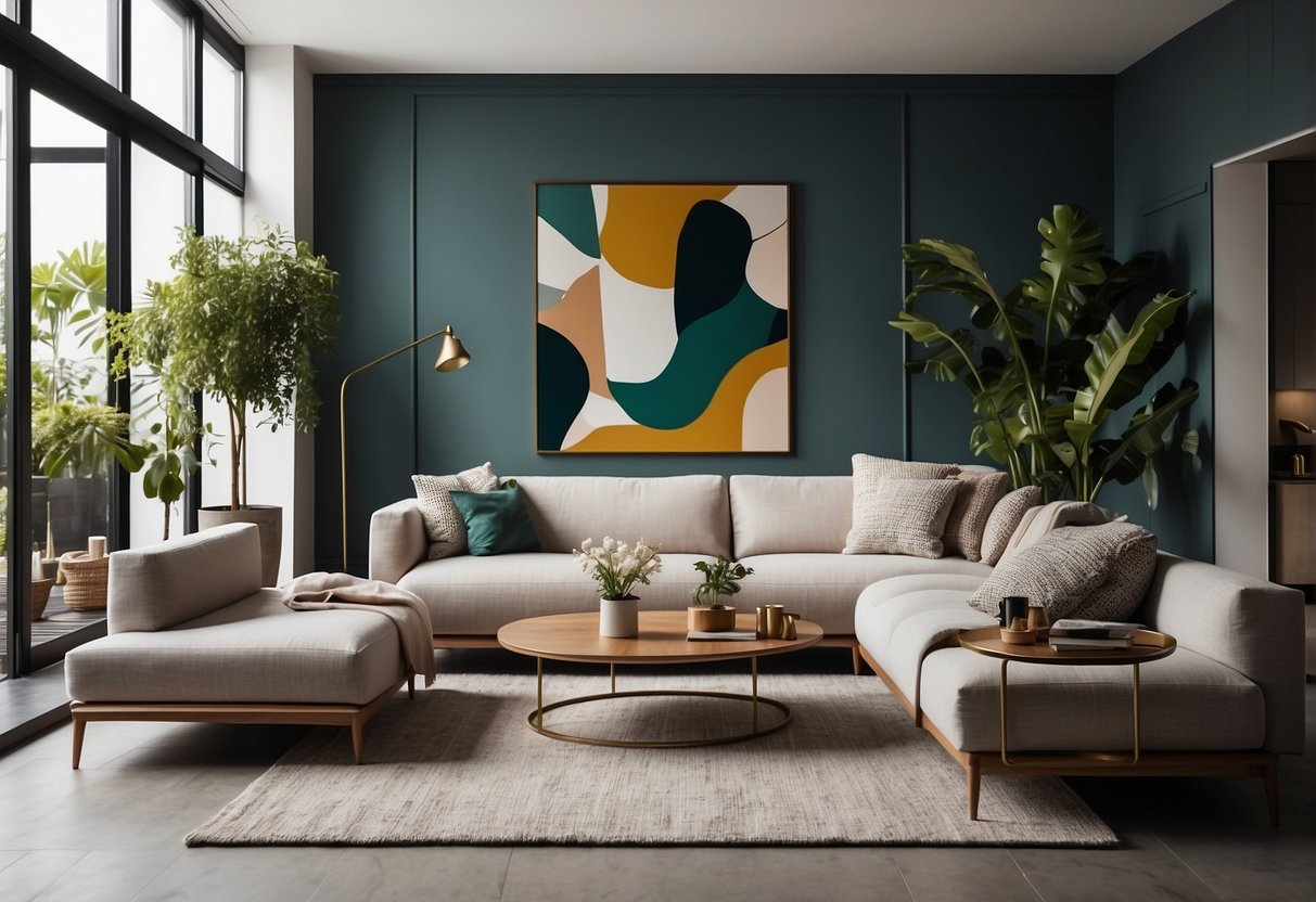 A living room with a modern, minimalist sofa in a trendy 2024 color palette. Decor includes abstract art and plants