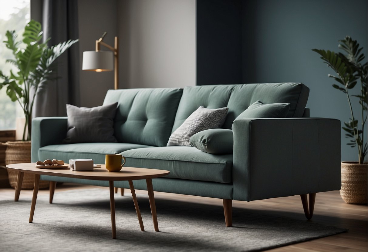 A modern living room with a sleek, minimalist sofa in a trendy color palette for 2024