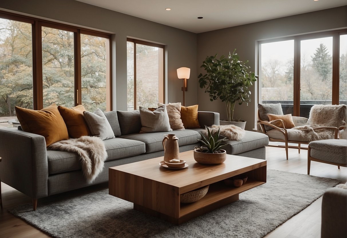 A modern living room with a sleek, grey sofa surrounded by warm, earthy tones and natural textures