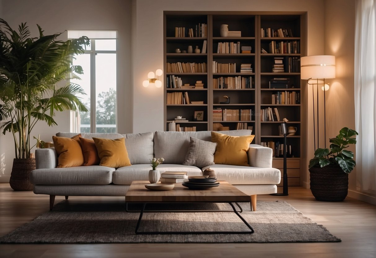 A cozy living room with a modern, sleek bookshelf filled with books and decorative items. A comfortable sofa and soft lighting complete the inviting scene