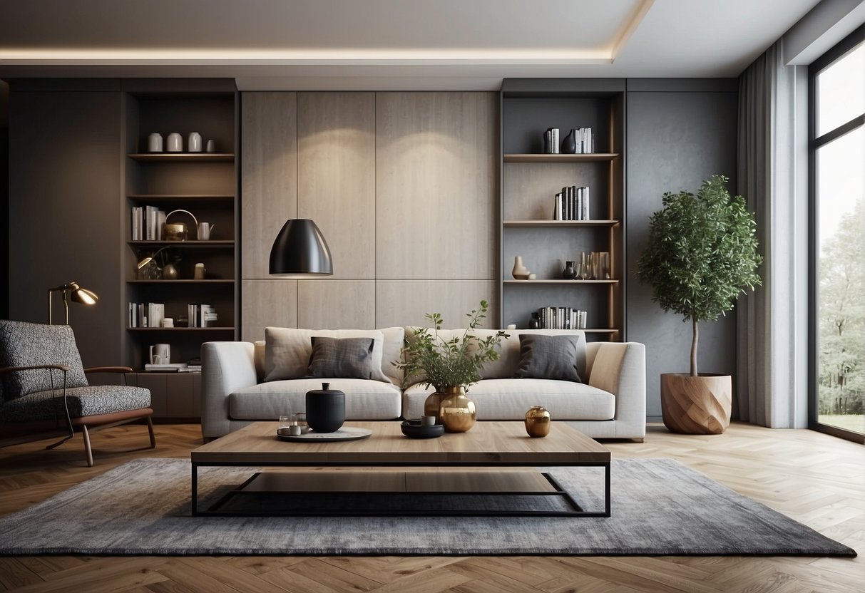 A spacious living room with a large, empty wall. A modern, sleek bookshelf fits perfectly, adding style and functionality