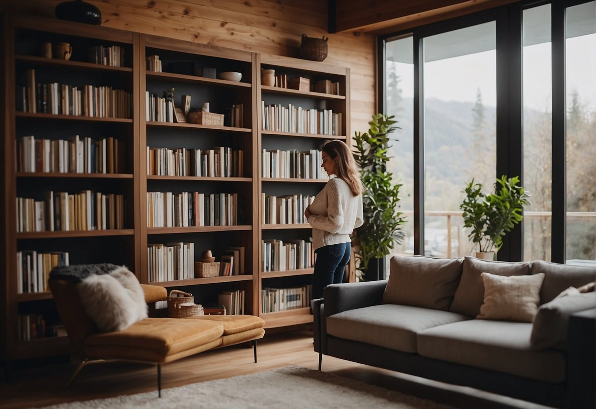 A person selecting a modern bookshelf in a cozy living room setting