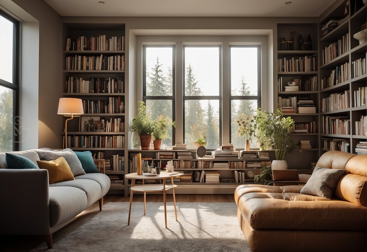 A cozy living room with a stylish, modern bookshelf filled with colorful books and decorative items. Natural light streams in through the window, creating a warm and inviting atmosphere