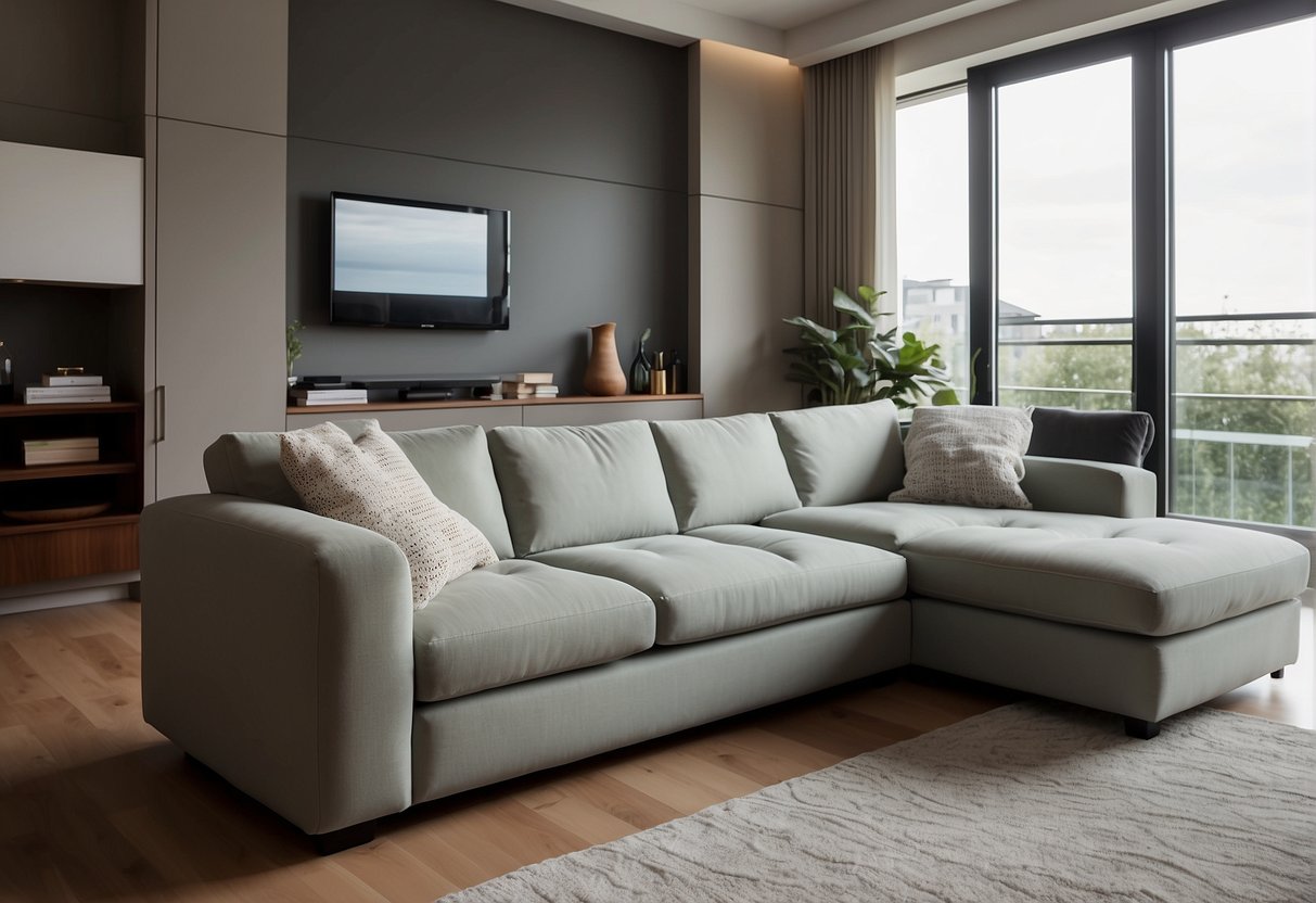 A living room with a spacious layout, featuring a sleek and modern retractable sofa on one side and a comfortable, reclining sofa on the other. The room is well-lit with natural light, and the sofas are the focal point of the space