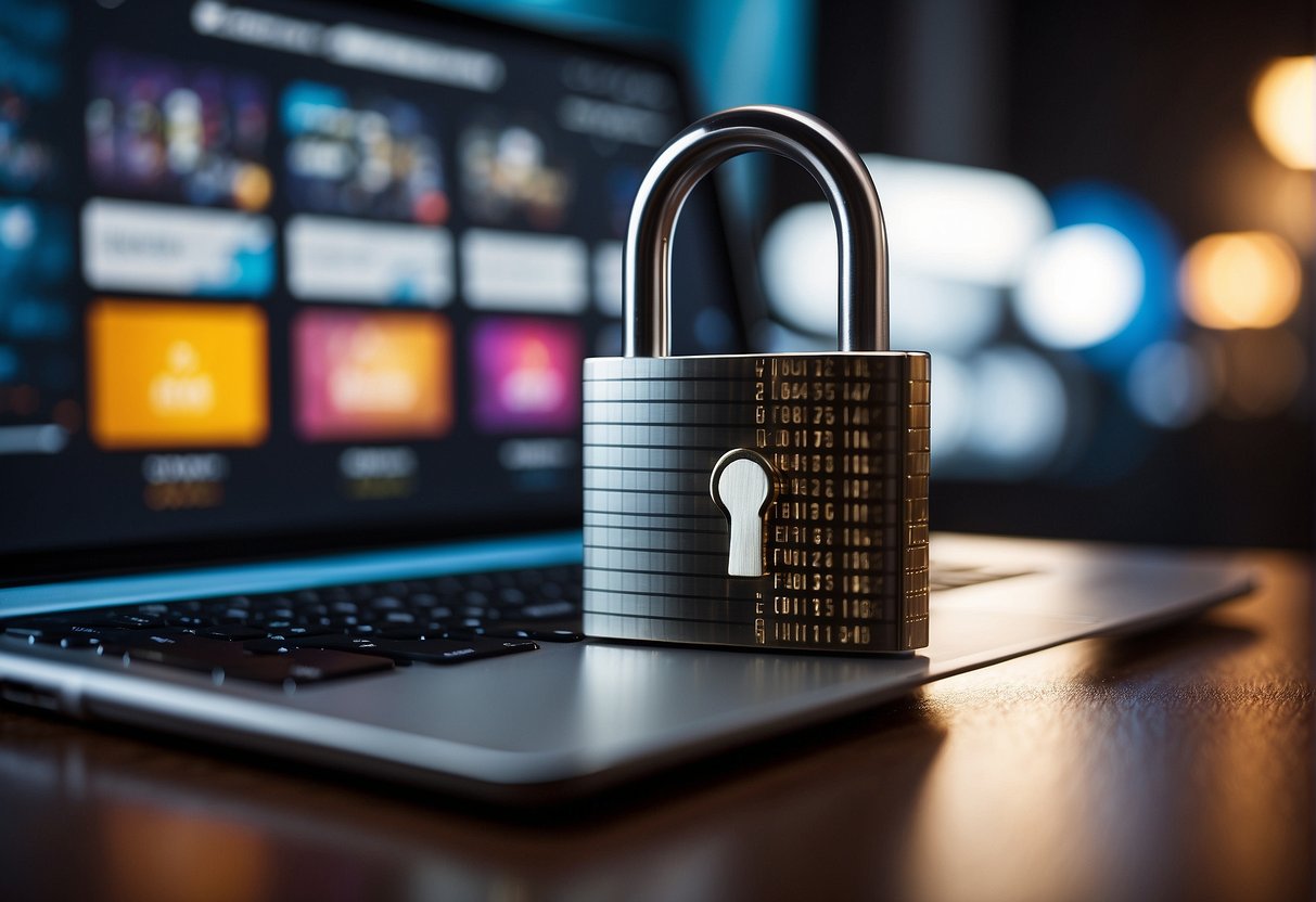 A padlock icon symbolizing data protection hovers over a computer screen as a person shops for furniture online, ensuring secure personal information