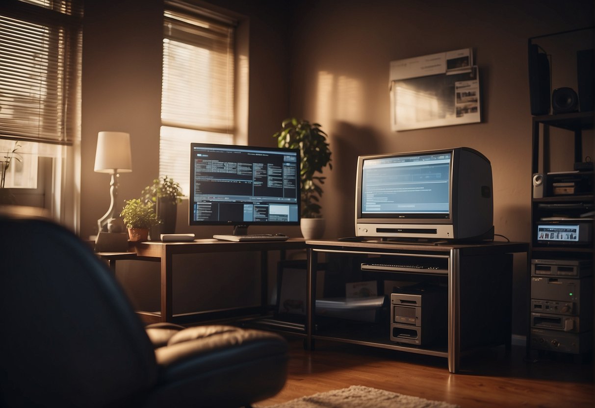 A room with a computer, a comfortable chair, and a secure online payment process for buying furniture