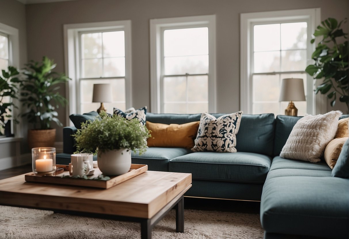 A cozy living room with a mix of modern and traditional decor, featuring a comfortable sofa, a stylish coffee table, and vibrant accent pillows
