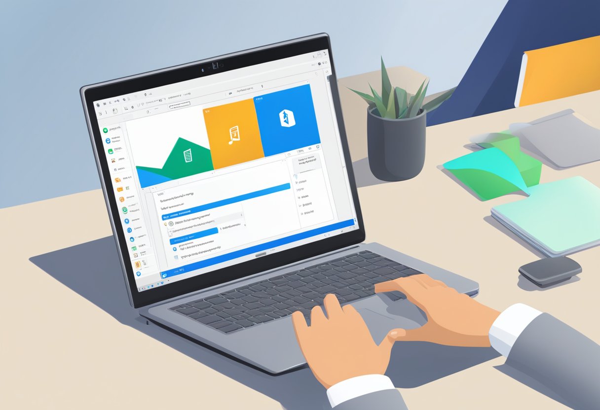 An open laptop with the Outlook interface displayed. A cursor hovers over the "Reply All" button as a user navigates the settings to block the function
